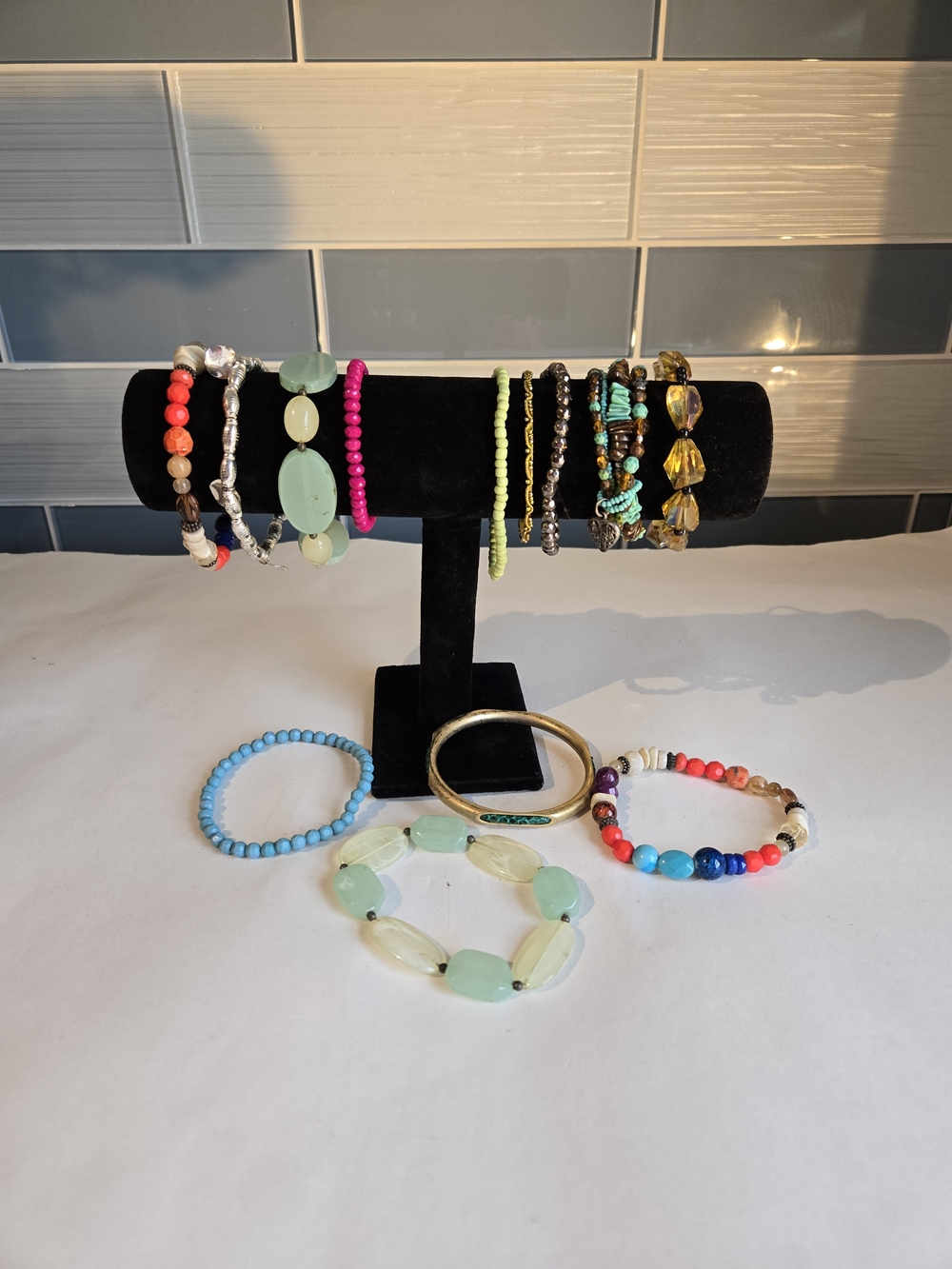 14 Pcs Assorted Beaded Women’s Bracelet Set in Turquoise, Pink, Yellow and Gold